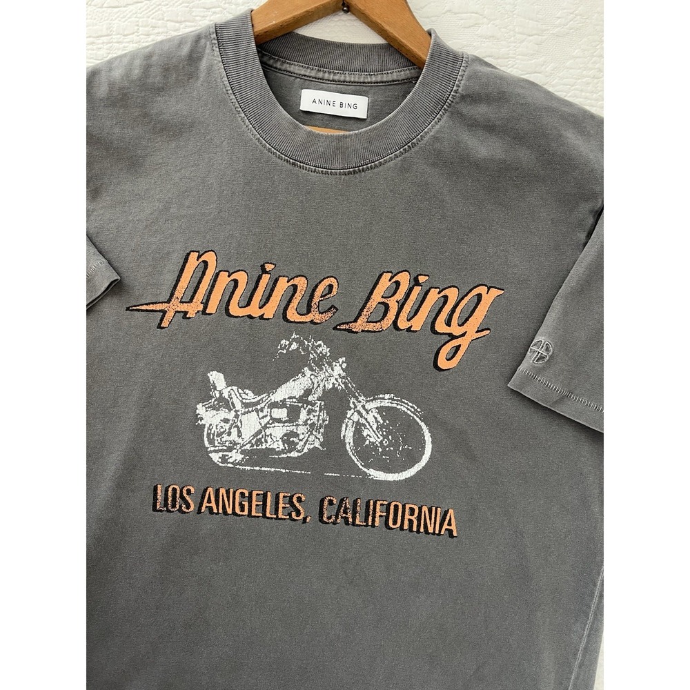 ANINE BING Gray Los Angeles Motorcycle Graphic Crew Neck Cotton Tee Shirt Large